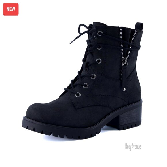 Heeled Combat Boots with Memory Foam Faux Fur Lining Side Zipper